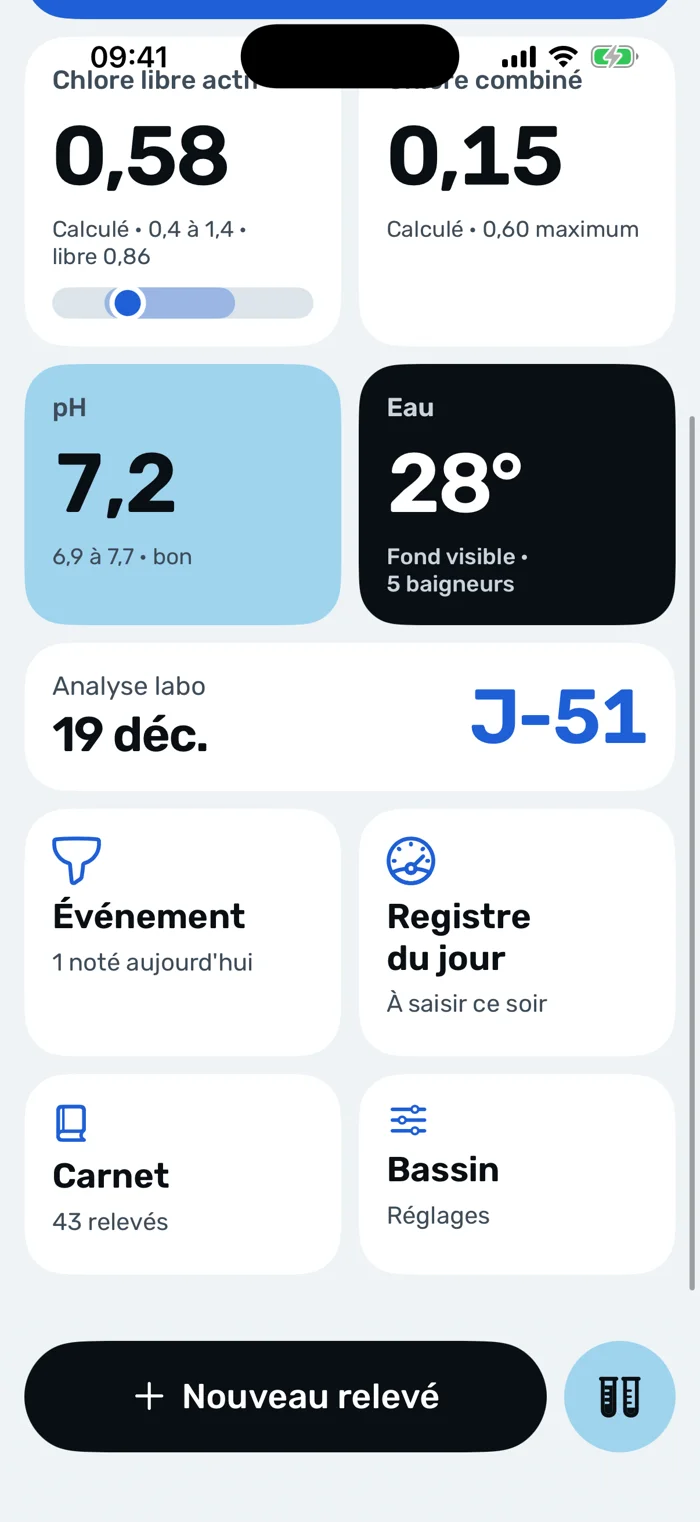 Écran de démonstration Poull : chlore libre actif, pH, température et accès au carnet.